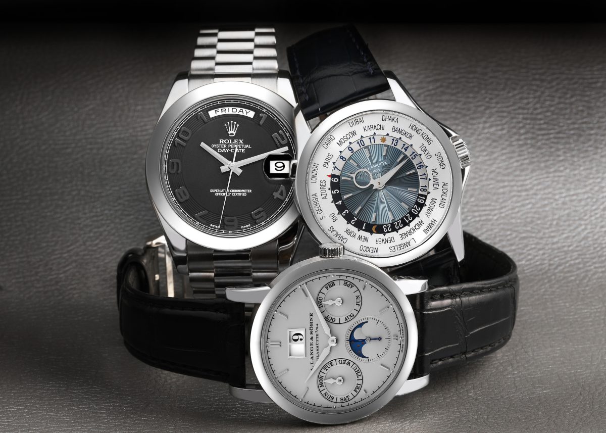 Rolex Day-Date II Platinum, Patek Philippe Complications World Time, A. Lange  Sohne Saxonia Annual Calendar Platinum Watches