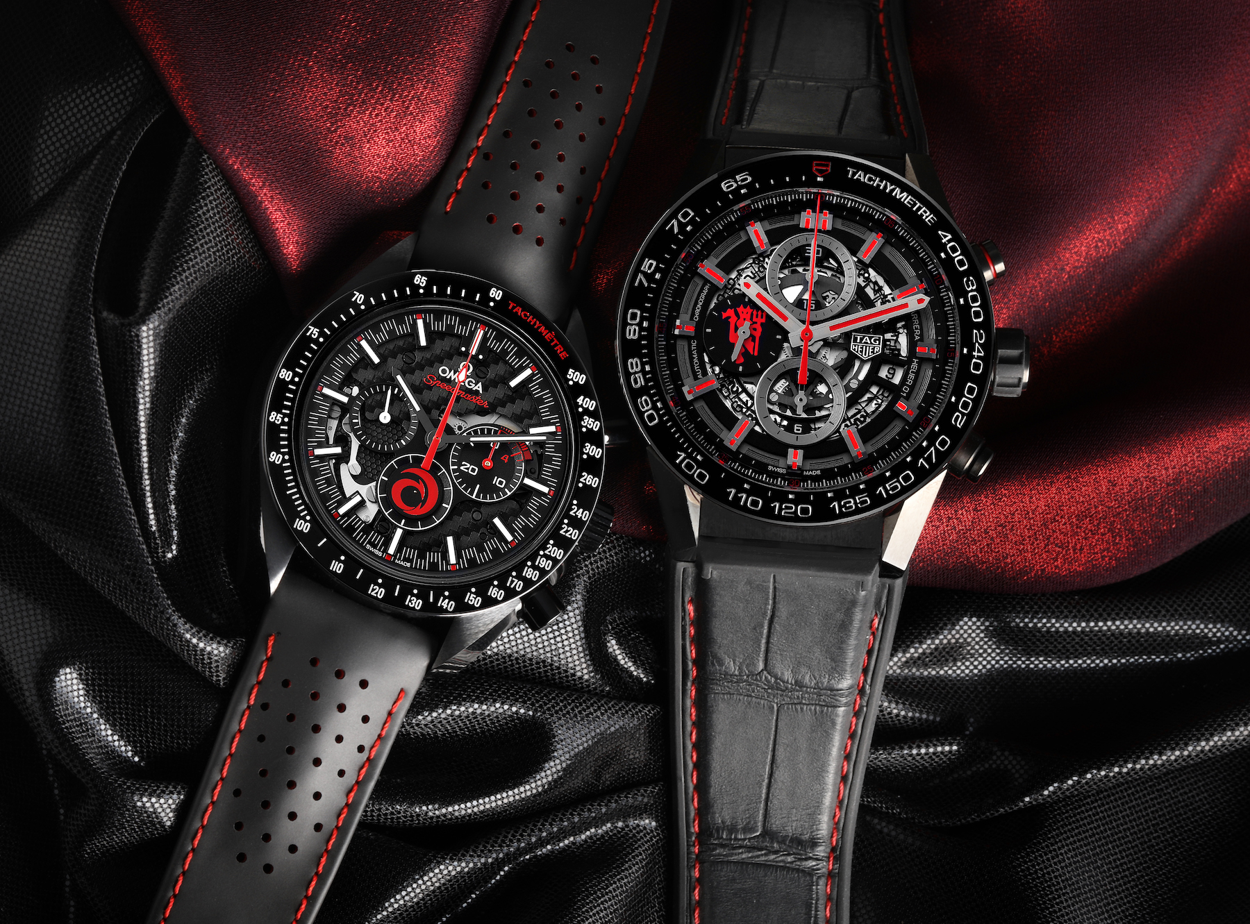 Black and Red Watches - Omega Speedmaster Dark Side Alinghi and Tag Heuer Carrera Manchester Edition