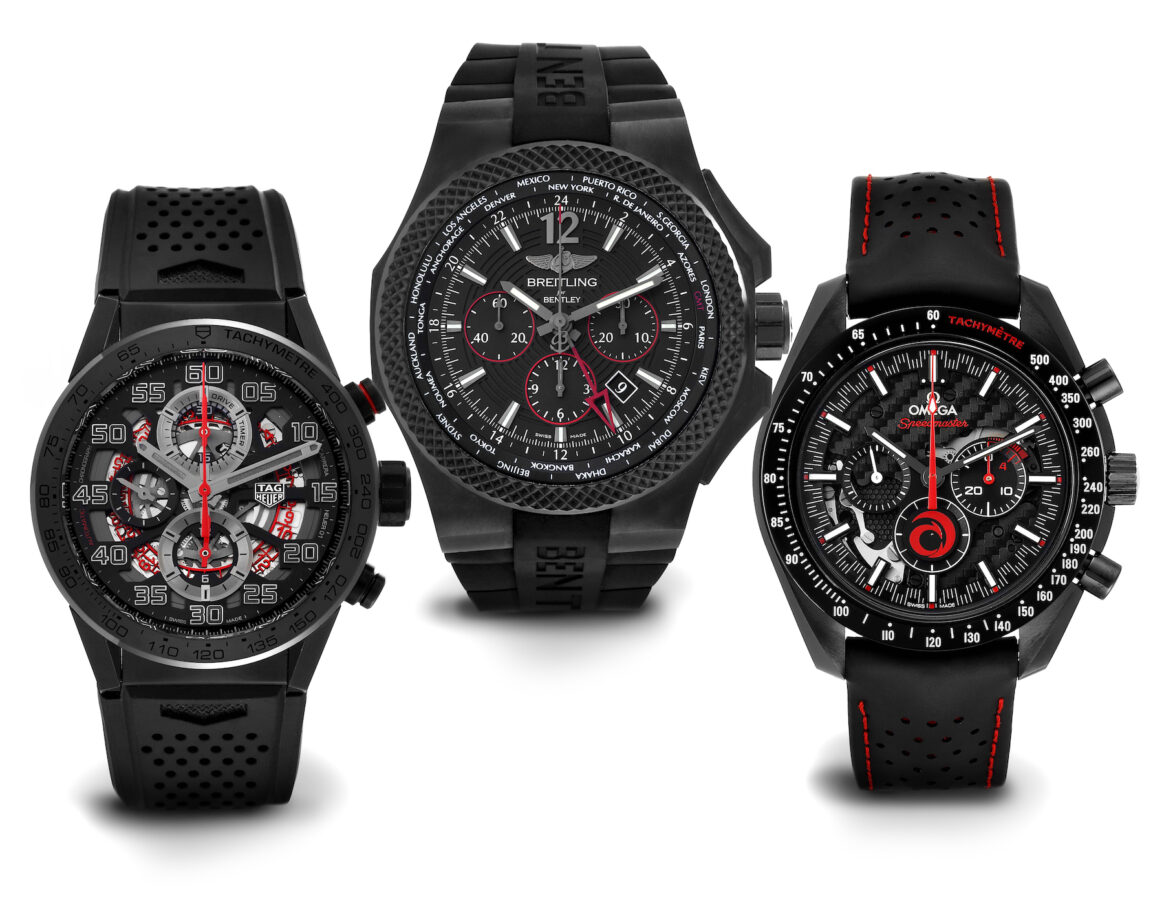 TAG Heuer Carrera Calibre 01 Tokyo Edition, Breitling Bentley Midnight Carbon, Omega Speedmaster Dark Side of the Moon Team Alinghi