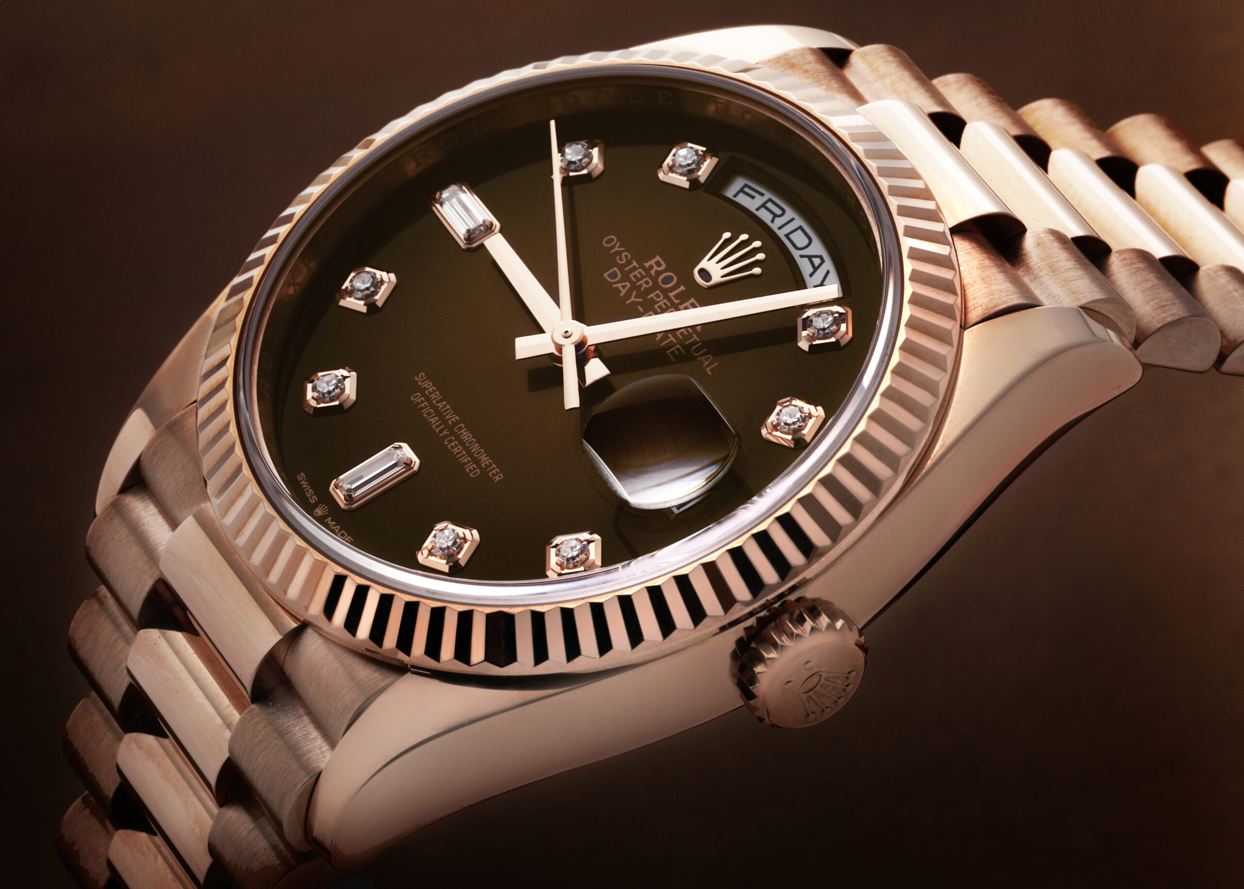 Rolex President Day-Date Rose Gold Brown Diamond Dial Mens Watch 128235
