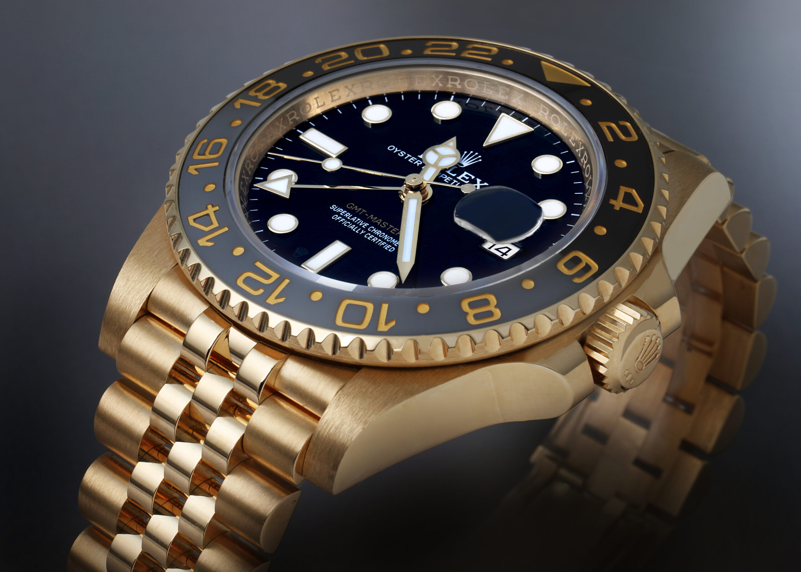 Rolex GMT Master II Black Grey Bezel Yellow Gold Mens Watch 126718