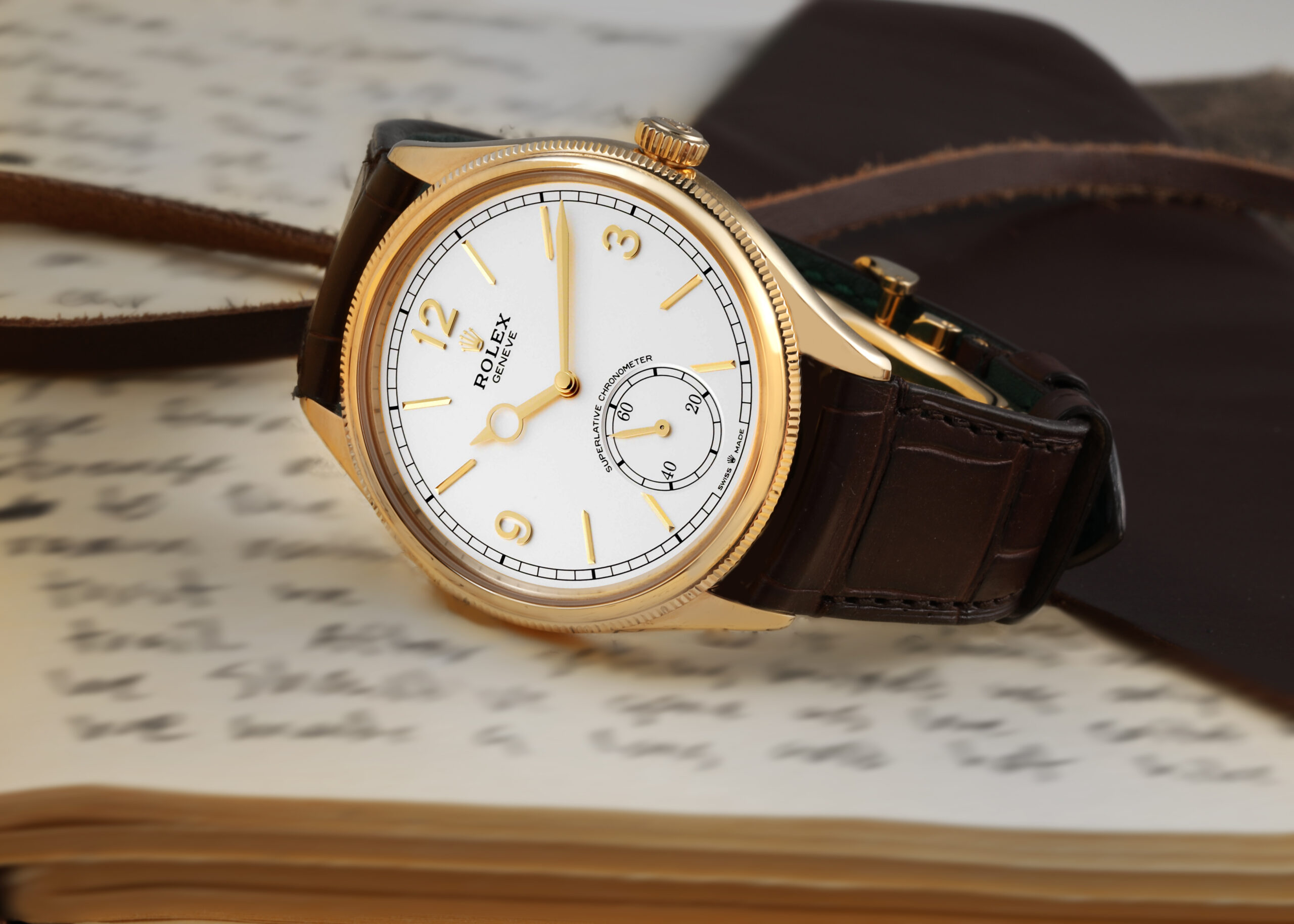 Rolex 1908 Yellow Gold Intense White Dial Brown Strap Mens Watch 52508