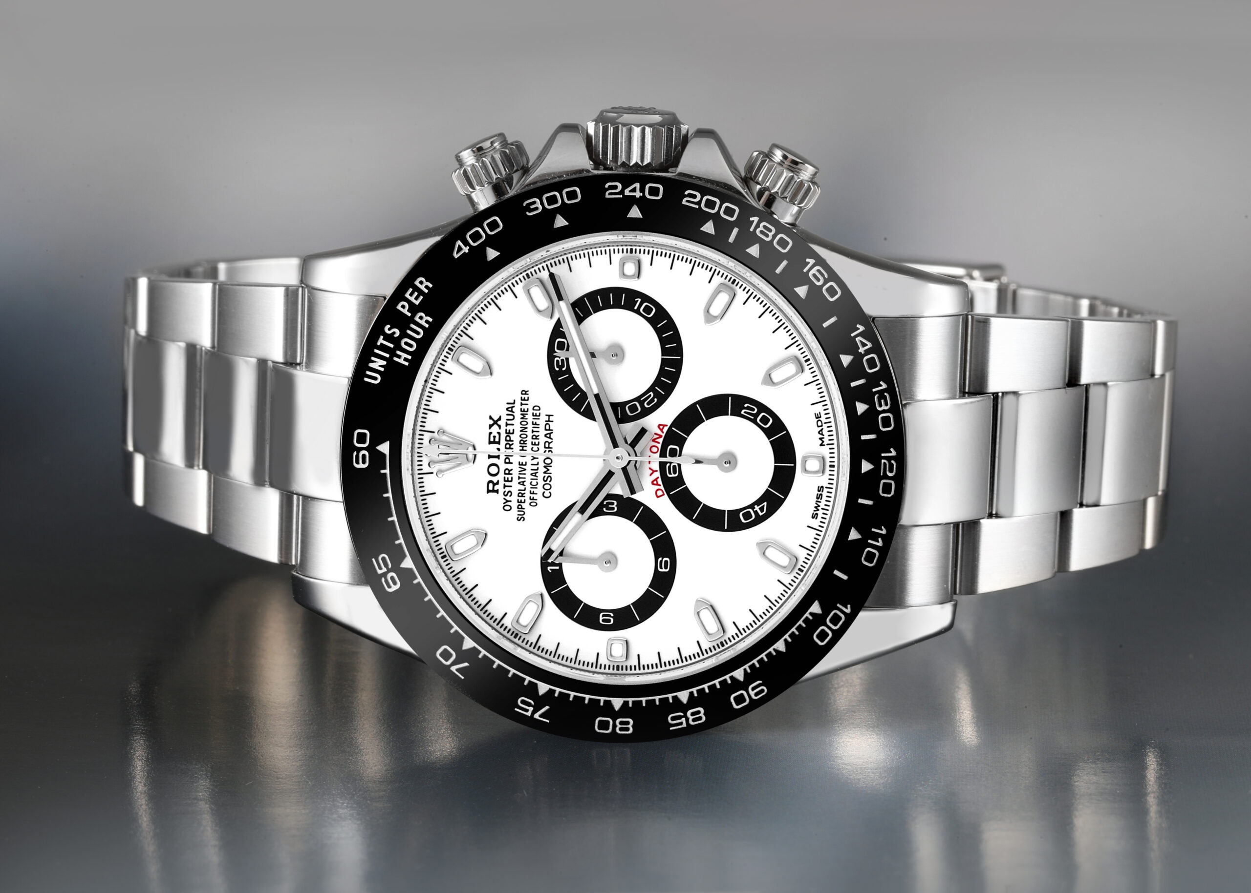 A front view of the stainless steel Rolex Daytona "Panda" 116500, a classic and highly sought-after watch from Lionel Messis collection.