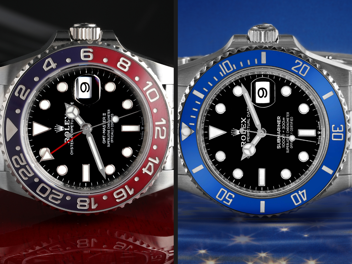 Side-by-side comparison of the discontinued Rolex GMT-Master II Pepsi 126710BLRO and the white gold Submariner 126619LB Cookie Monster.
