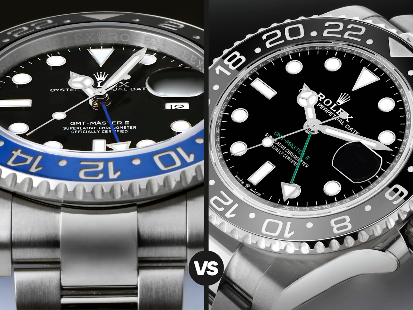Side-by-side comparison of the Rolex GMT-Master II Batman and Bruce Wayne dials.