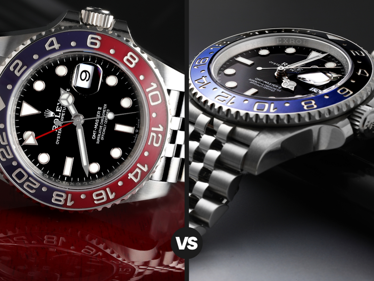 Split-screen comparison of the Rolex GMT-Master II Pepsi ref 126710BLRO and Batgirl ref 126710BLNR on Jubilee bracelets.