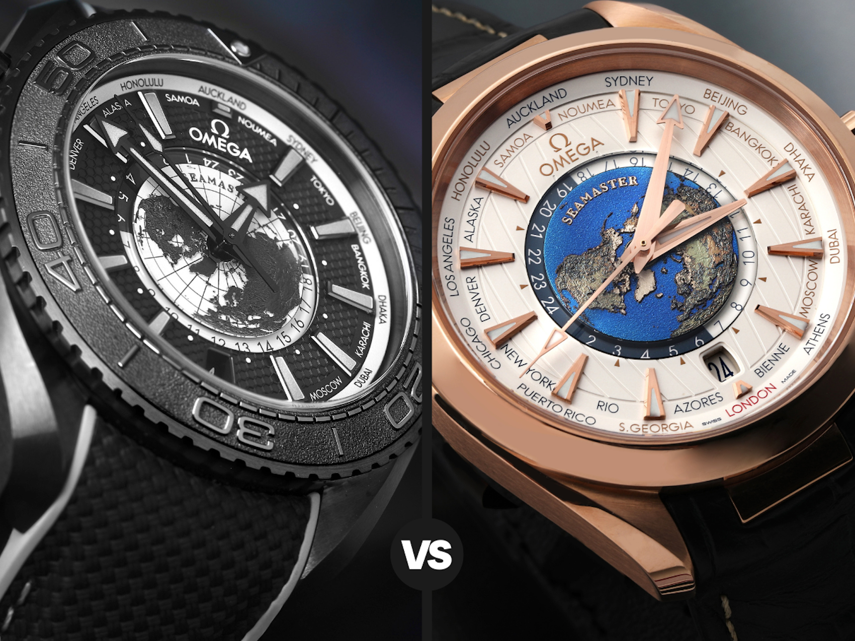 Split-screen comparison of the black ceramic Omega Planet Ocean Worldtimer and the rose gold Aqua Terra Worldtimer.