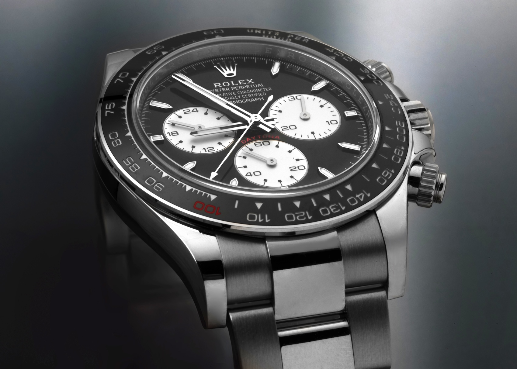 Rolex Cosmograph Daytona Le Mans Edition Reference 126529LN in 18k white gold featuring a reverse panda dial and red 100 marker on the ceramic bezel.