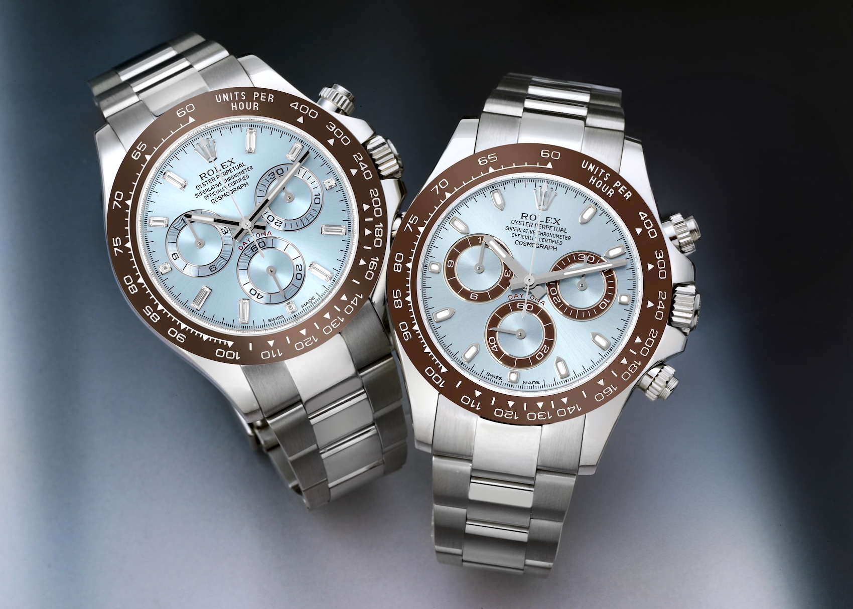 Two solid platinum Rolex Cosmograph Daytona watches Reference 116506 featuring exclusive ice-blue dials and chestnut brown Cerachrom bezels.