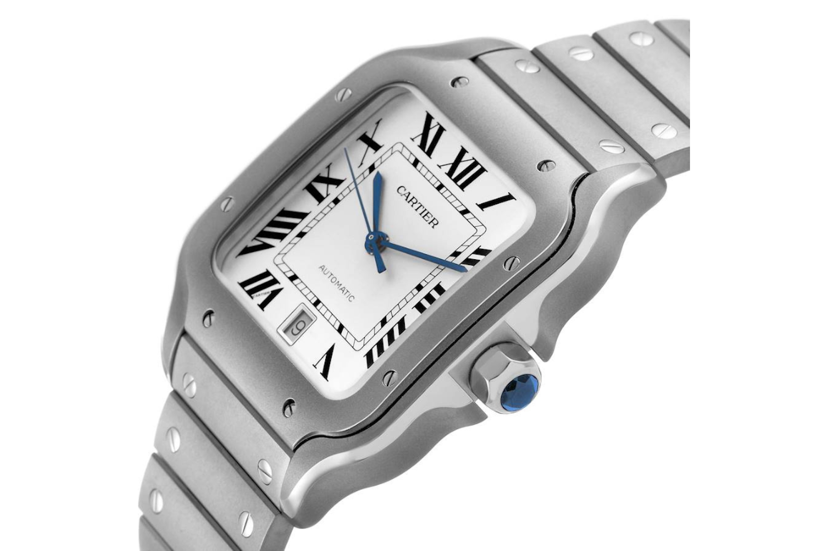 Close-up of the Cartier Santos titanium watch case profile, showing the faceted blue crown, polished bezel edges, and matte bracelet links.