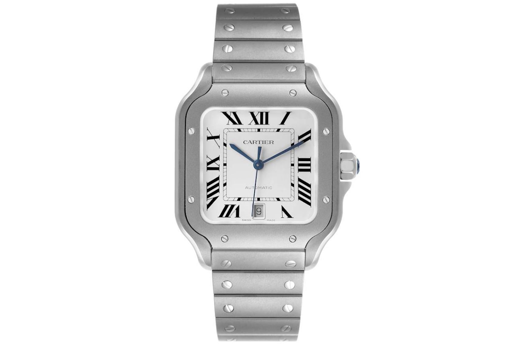 Front view of the Cartier Santos WSSA0089 titanium watch showing the silvered opaline dial, classic black Roman numerals, and date window.