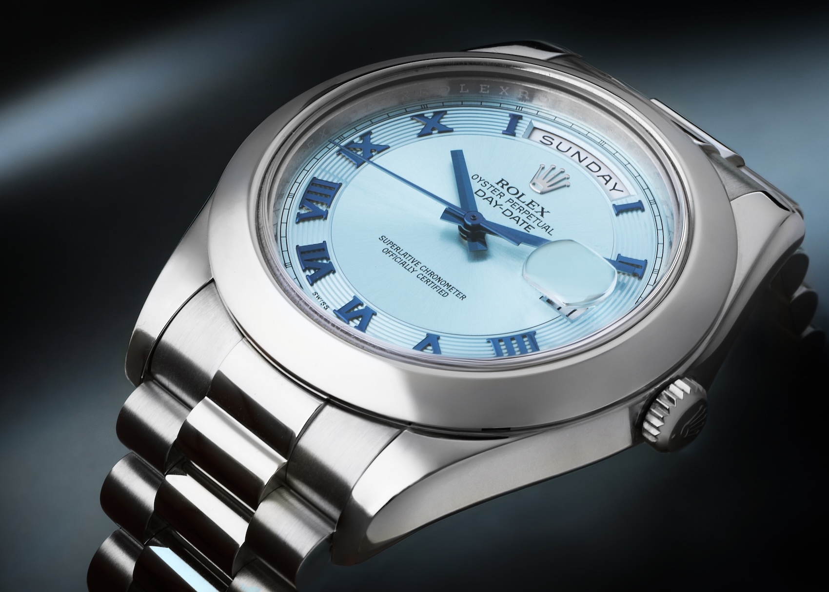 Rolex Day-Date 41 President in solid platinum with a signature ice blue dial and Roman numerals, reference 218206.