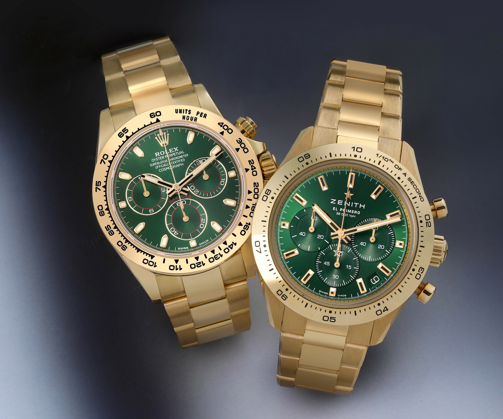 Side-by-side comparison of the Rolex Daytona 116508 and the Zenith Chronomaster Sport 30.3100.3600, both featuring 18k yellow gold cases and green dials.