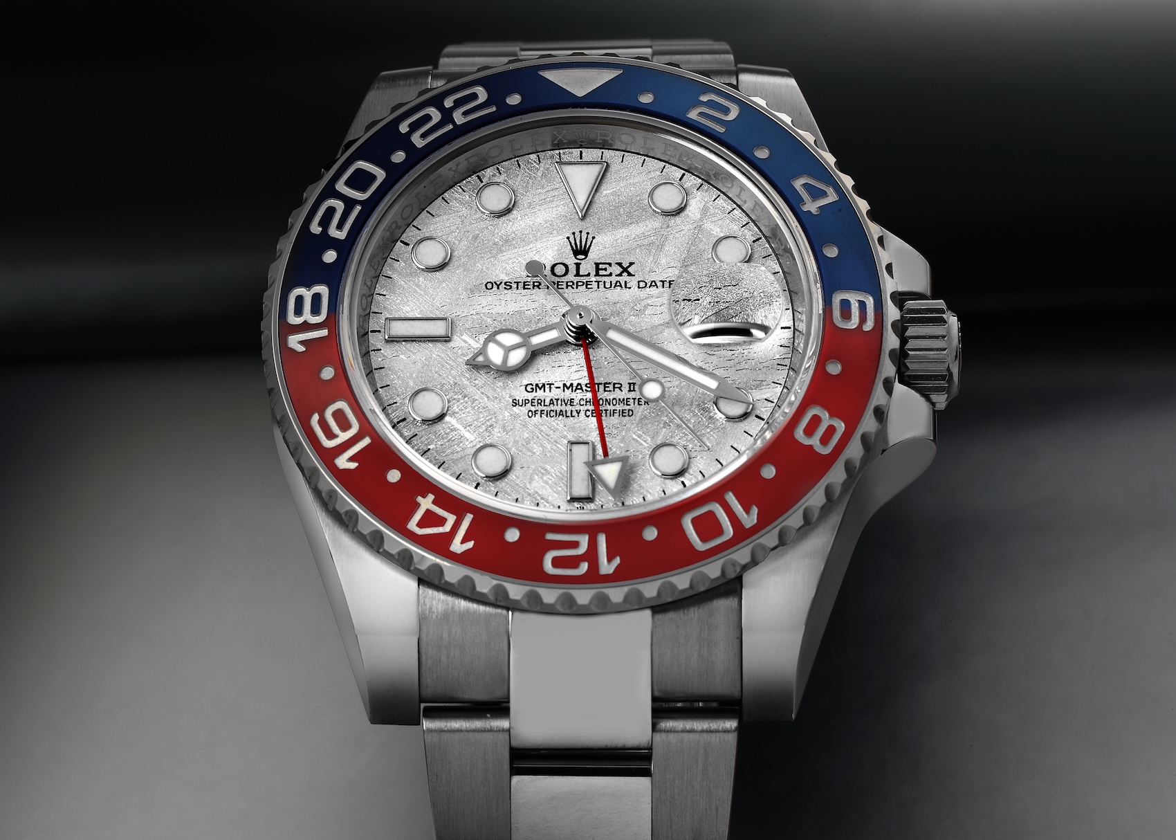 Rolex GMT-Master II in 18k white gold with a red and blue Cerachrom bezel and a rare meteorite dial, reference 126719.