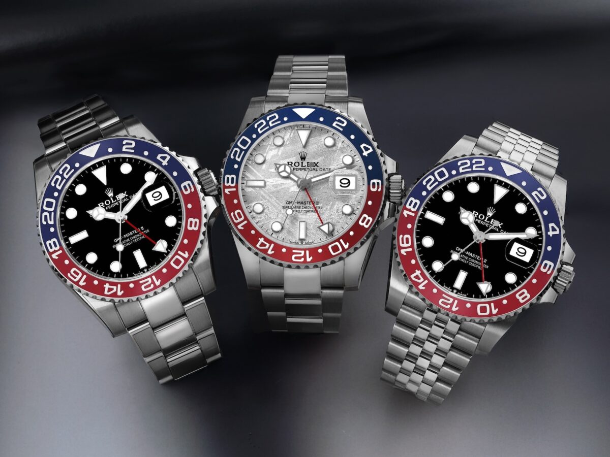 Three modern Rolex GMT-Master II Pepsi watches: 126710BLRO on Jubilee, 126719BLRO with Meteorite dial, and 126710BLRO on Oyster.
