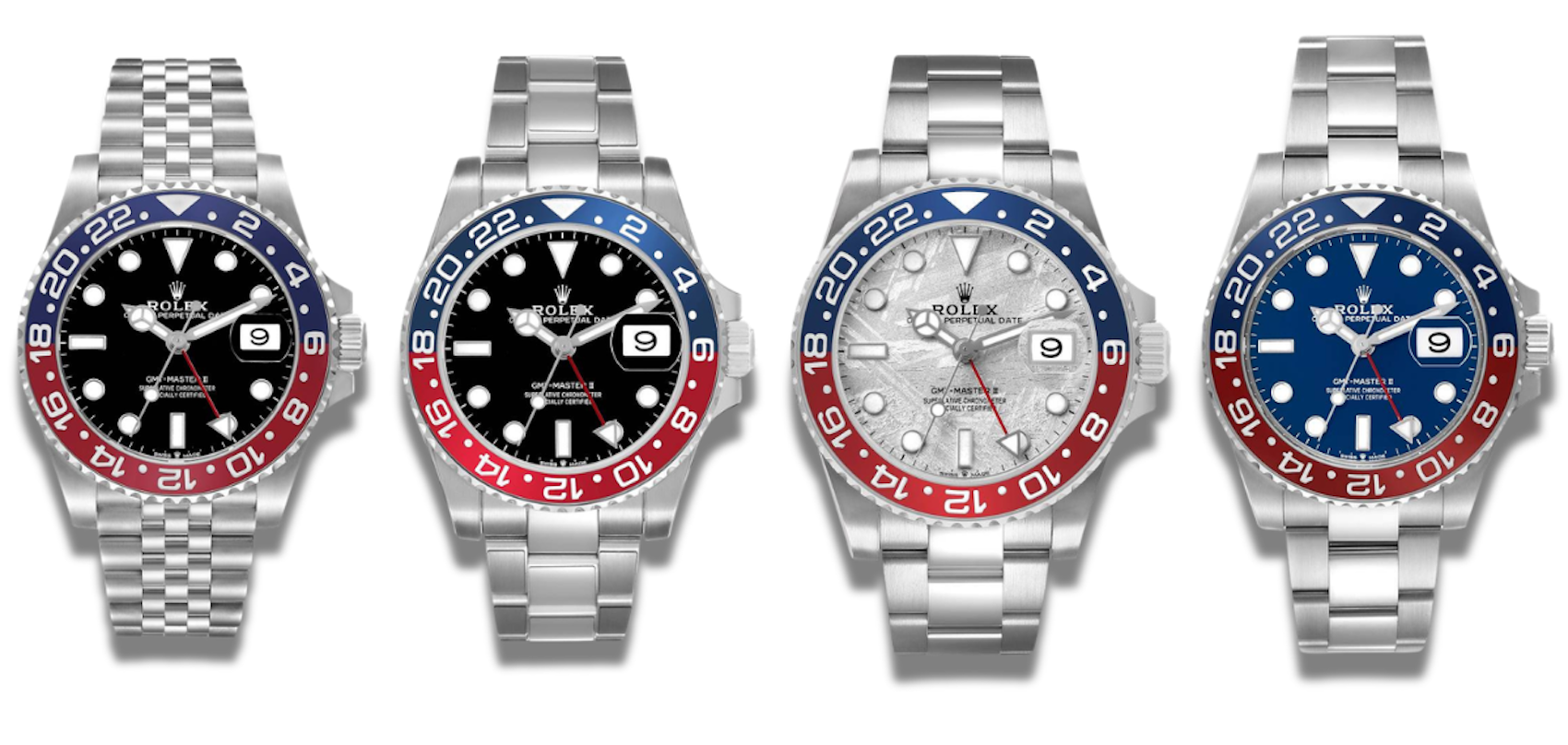 Side by side comparison of three Rolex GMT-Master II Pepsi models