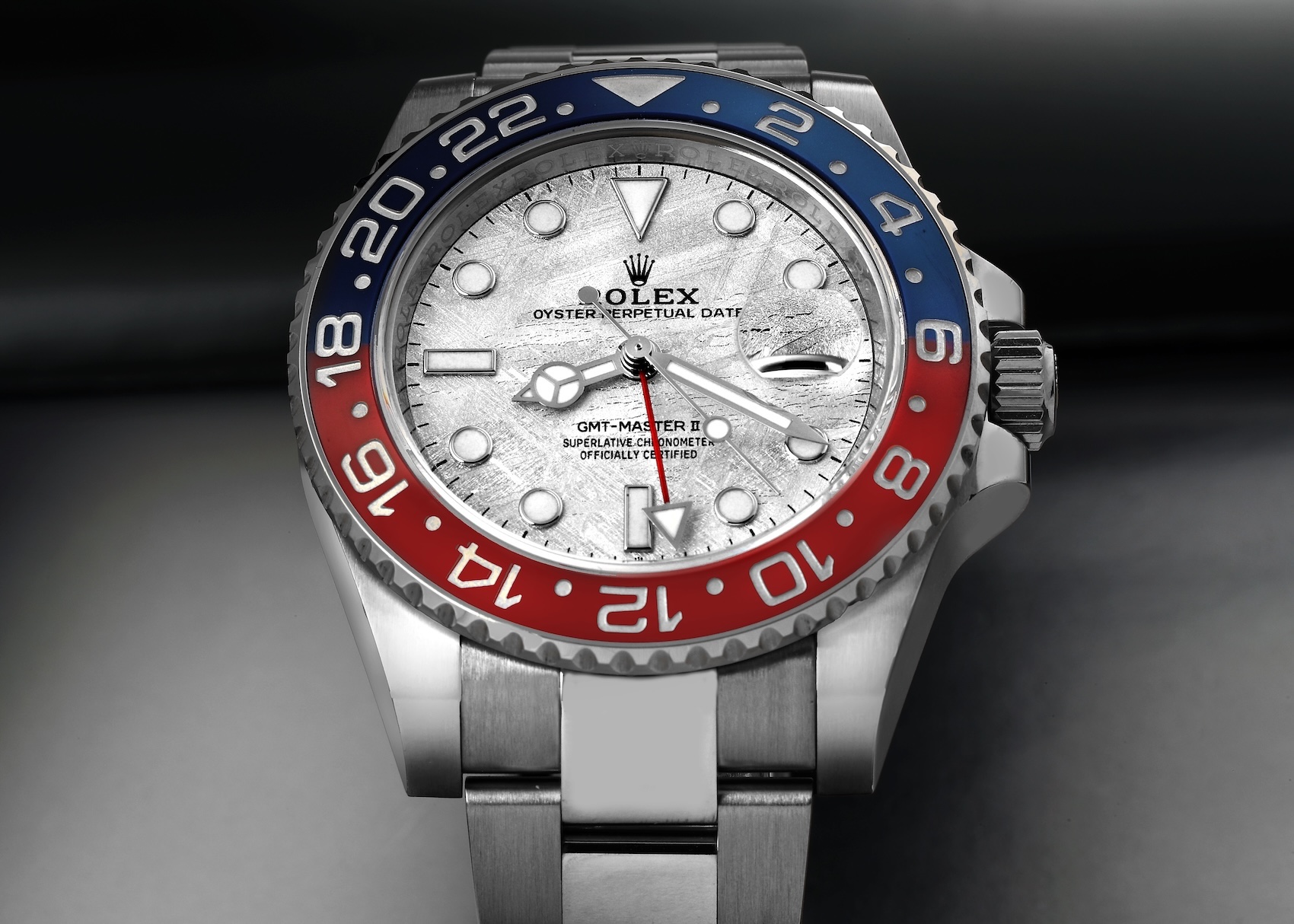 Rolex GMT-Master II 126719BLRO in white gold featuring the rare meteorite dial