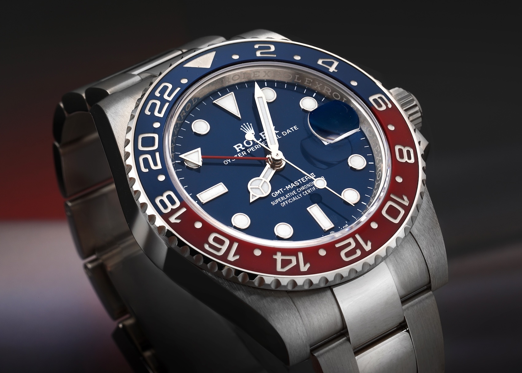 Rolex GMT-Master II 126719BLRO in 18k white gold featuring the exclusive Midnight Blue dial