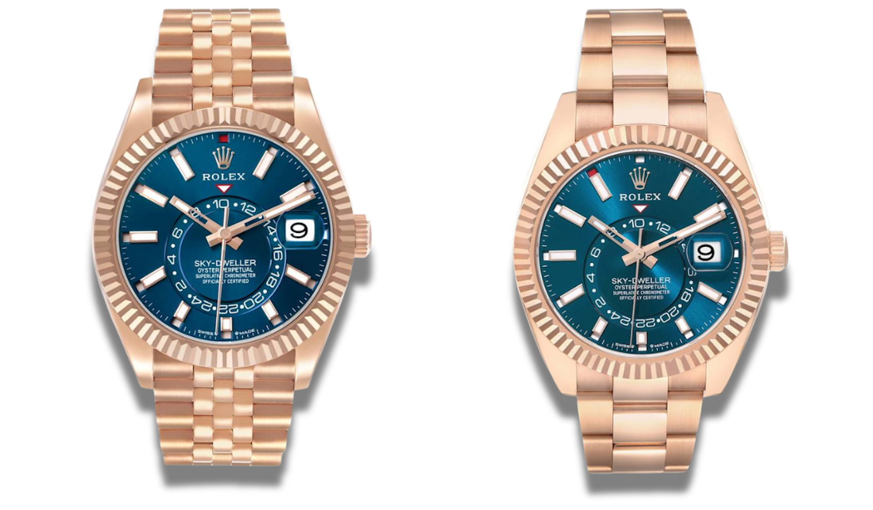 Side-by-side comparison of the Rolex Sky-Dweller Ref. 336935 with a blue-green dial in Everose Gold, showing the Jubilee bracelet on the left and the Oyster bracelet on the right.