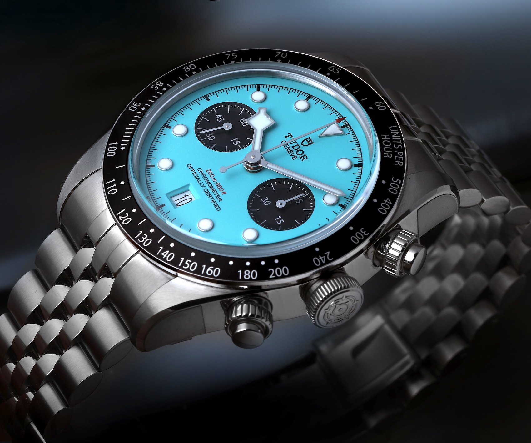 Tudor Black Bay Chrono Flamingo Blue featuring a vivid turquoise dial and black aluminum tachymeter bezel