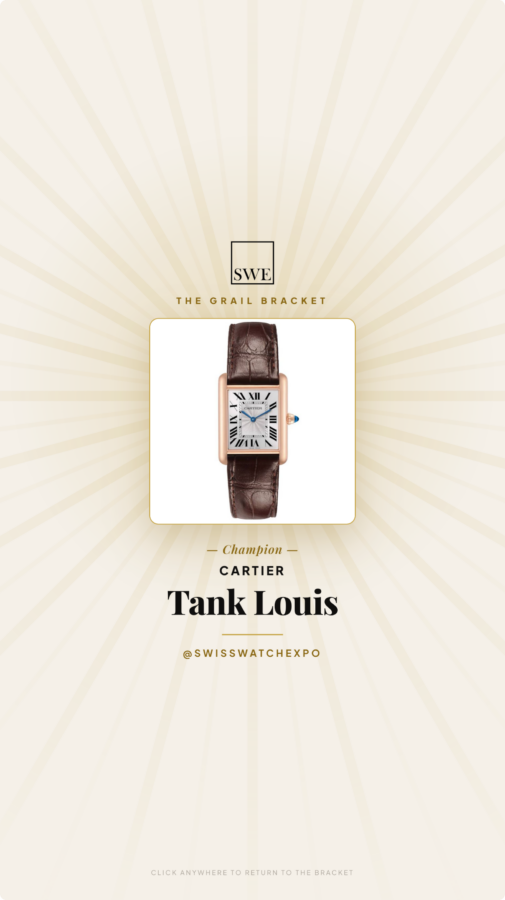 Graphic announcing the Cartier Tank Louis as the overall champion of the Top Quality Designer Watch Shop Grail Bracket.