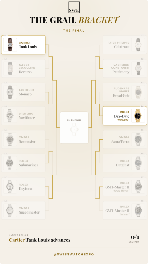 The Final Grail Bracket matchup graphic featuring the Cartier Tank Louis against the Rolex Day-Date President.