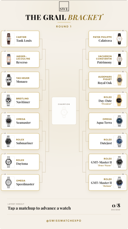 The opening Round 1 graphic of the Top Quality Designer Watch Shop Grail Bracket showing all sixteen competing luxury watches.