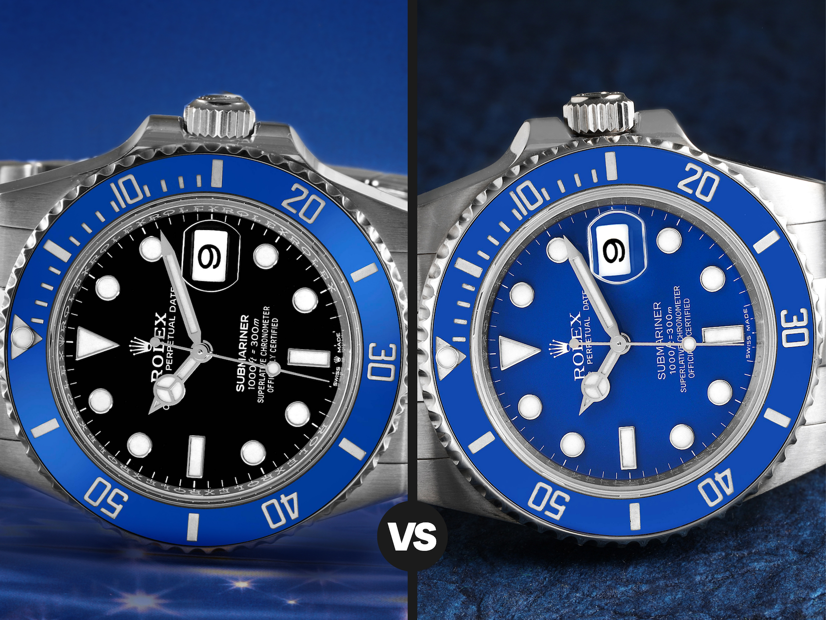 Side-by-side comparison of the Rolex Submariner Cookie Monster and Smurf in 18k white gold.