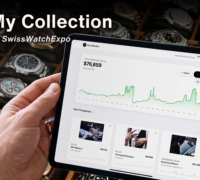 A person holding a tablet displaying the My Collection by Top Quality Designer Watch Shop digital dashboard, with luxury watches in the background.