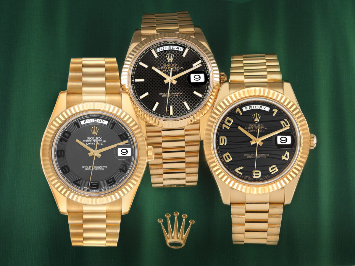 Three yellow gold Rolex Day-Date watches with black dials and President bracelets arranged on a green background above a gold Rolex crown logo.