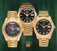 Three yellow gold Rolex Day-Date watches with black dials and President bracelets arranged on a green background above a gold Rolex crown logo.
