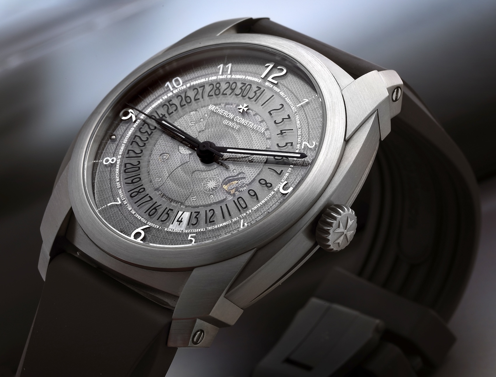 Vacheron Constantin Quai de lÎle Reference 86050 in titanium with a transparent sapphire dial displaying date numerals.
